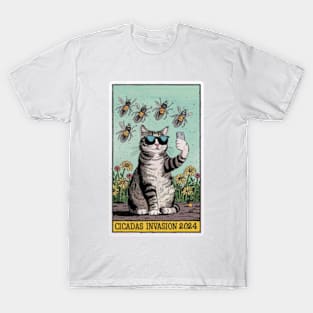 Funny Cat Selfie CICADAS Invasion 2024 - Vintage Tarot Card T-Shirt